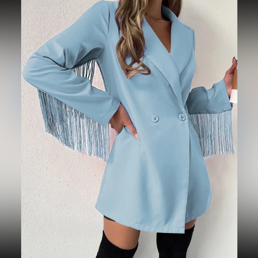 SHEIN BAE Lapel Neck Fringe Trim Longline Blazer medium Blue like new